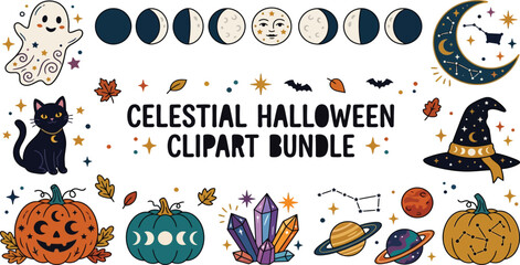 Fototapeta premium Celestial halloween clipart bundle featuring moon phases and magic witchy illustrations halloween celestial constellation astrology mystical decorative illustration astronomy collection