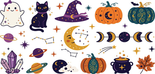 Fototapeta premium Celestial halloween clipart elements collection with moon stars and witchy decorations halloween celestial astrology mystical astronomy constellations cauldron decorative nighttime