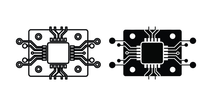 Microchip circuit board outline and filled illustration against white background concept digital technology