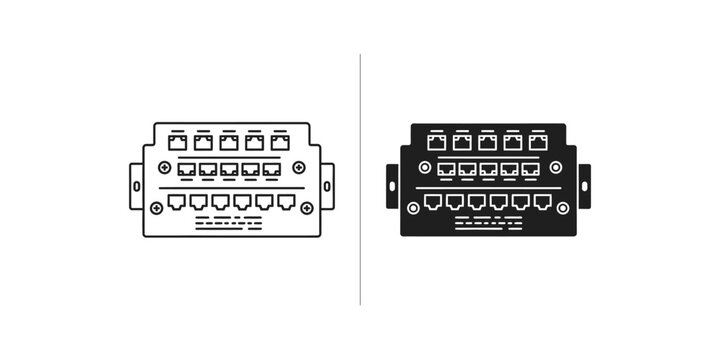 Network patch panel with RJ45 ports in line art and solid fill styles isolated on white