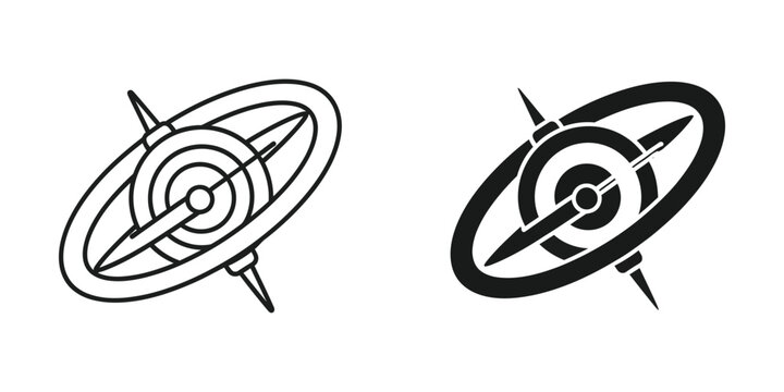 Orbital gyroscope abstract symbol with outer ring during simplified graphic design concept