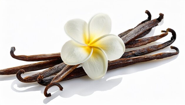 Vanilla Sticks With White Flower Isolated On White Background
