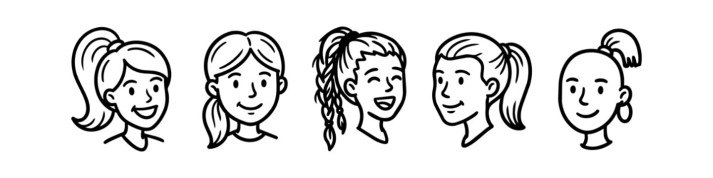 Minimalist line art set of diverse women's faces with various hairstyles. Simple black and white female avatars for icons and character design.