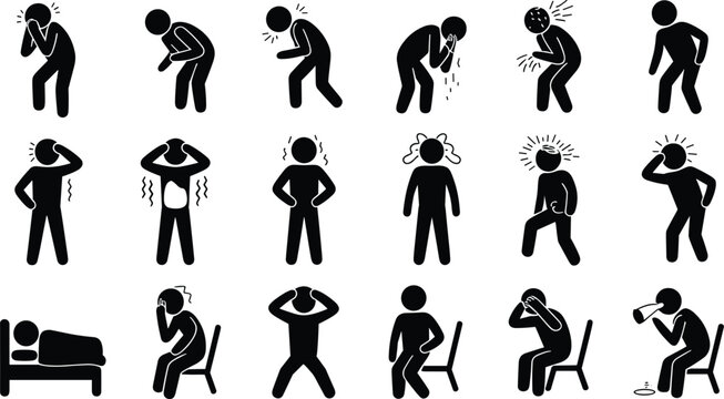 Sick man illness symptoms stick figure vector icon set featuring patient character suffering from headache stomach pain coughing fever and health problems