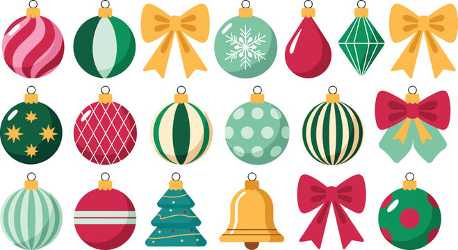 Christmas baubles and ornaments vector set featuring festive holiday tree decorations bells bows isolated on white background