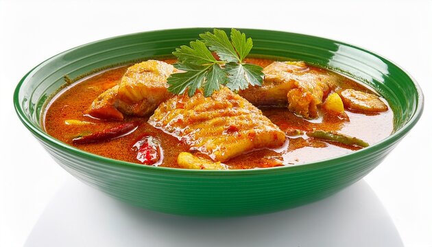 Mangalorean Meen Gassi Fish Curry In Green Bowl Isolated On White Background