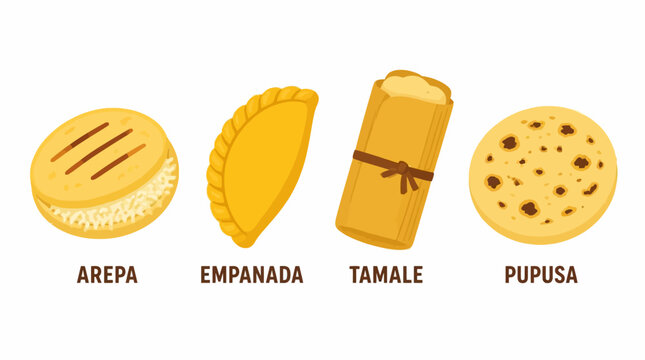 Latin American street food icons including arepa and empanada.