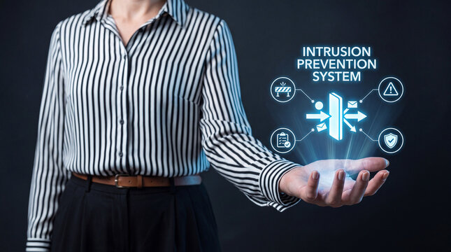 Businesswoman Holding Blue Intrusion Prevention System Hologram