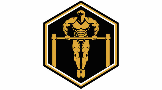 Bodybuilder logo doing pull ups in hexagonal frame