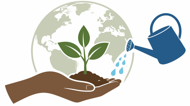 Hand holding plant sapling under earth globe watering
