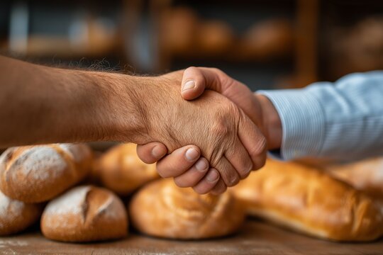 Business handshake in a bakery with fresh bread displayed in the background, symbolizing partnership, agreement, collaboration, and trust in the food production industry.