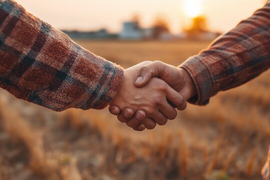 Farmers or business partners shaking hands in rural landscape during golden hour, representing agreement, partnership, trust, and successful agricultural deal in warm, natural light.