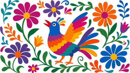 Naklejka premium Vibrant Mexican Otomi Style Folk Art Bird and Floral Pattern