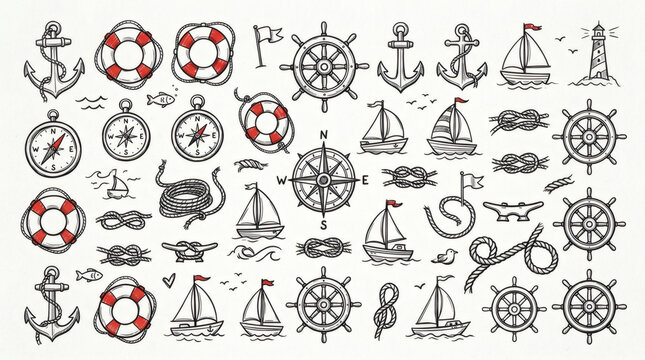 Set of playful hand drawn nautical illustrations. Doodle drawings of anchors, lifebuoys, compasses, sailboats, ropes and steering wheels. Clean line art in retro style, isolated on white background