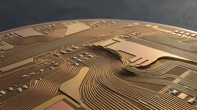 Abstract Macro View of a Silicon Chip as a Golden Technological Desert Landscape
