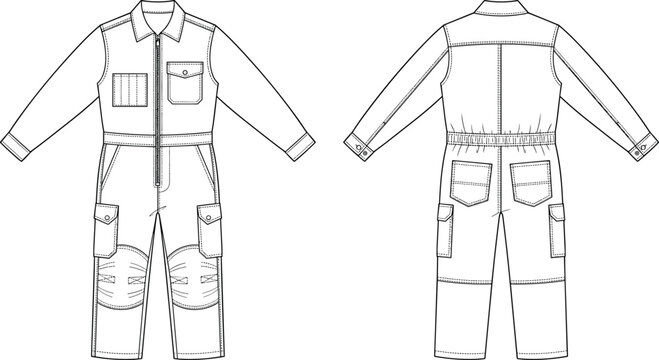 Industrial worker coverall vector technical fashion flat sketch front and back view template