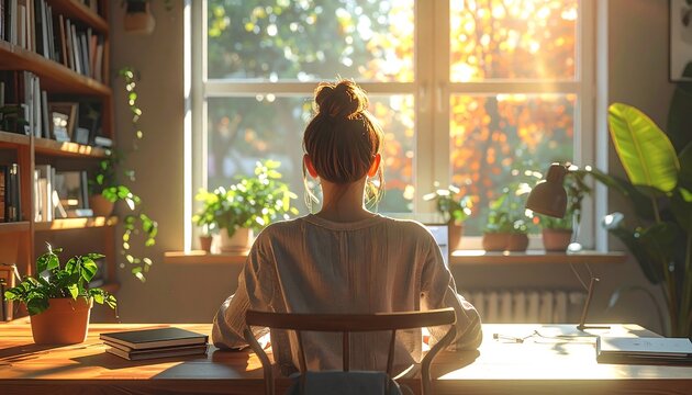 Woman enjoying a sunny day in her home office, bathed in warm sunlight, working at her desk