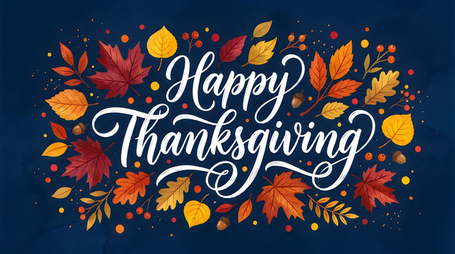Happy thanksgiving watercolor lettering with autumn leaves festive holiday greeting card design