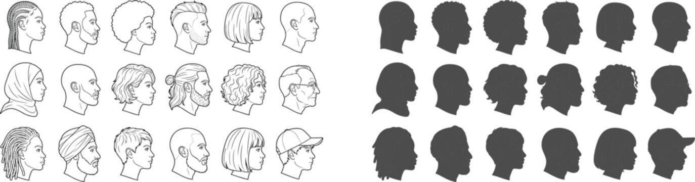 Set of Diverse Human Head Profiles Showing Various Hairstyles and Ethnicities in Line Art
