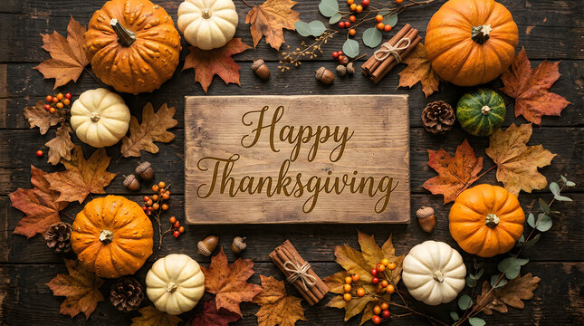 Happy thanksgiving festive arrangement pumpkins autumn leaves and cinnamon sticks on rustic wood