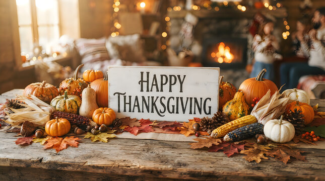 Festive happy thanksgiving table setting with pumpkins corn and autumn leaves for holiday celebrations