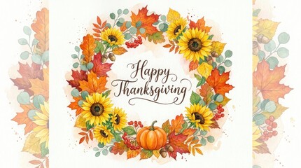 Fototapeta premium Happy thanksgiving watercolor wreath sunflowers pumpkins autumn leaves for festive holiday greetings