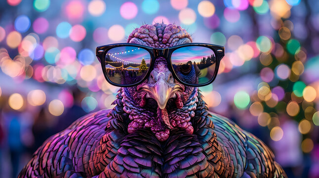 Happy thanksgiving cool turkey with sunglasses reflecting festive lights holiday celebration image