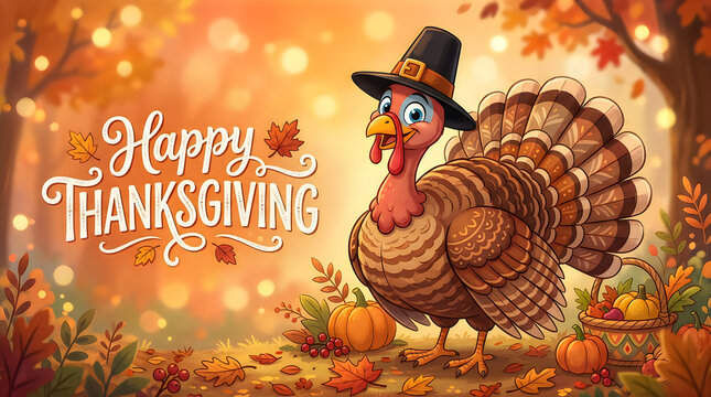 Festive happy thanksgiving illustration turkey with pilgrim hat and autumn harvest bounty