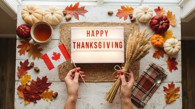 Happy thanksgiving canadian celebration festive autumn decor with pumpkins maple leaf and cozy fall elements
