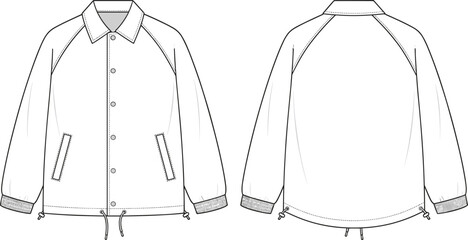Technical fashion sketch of a coach jacket featuring raglan sleeves, snap buttons, and adjustable drawstring hem © SONJOYKUMAR