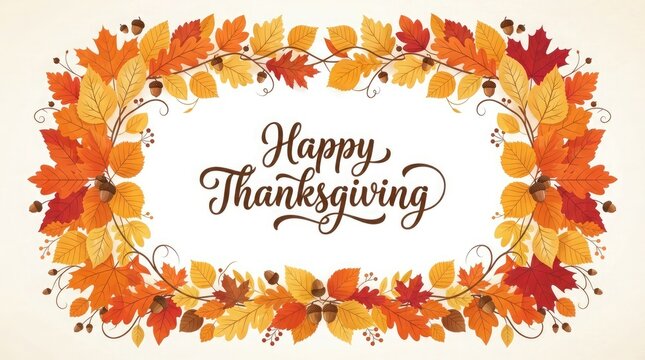 Happy thanksgiving autumn wreath festive fall leaves and acorns for holiday greetings and decorations