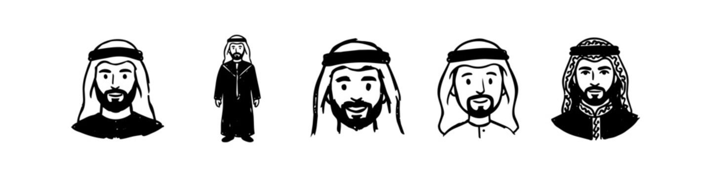 Hand-drawn line art illustrations of Arab men in traditional Middle Eastern attire, featuring portraits and a full-body character in a minimalist black and white doodle style.
