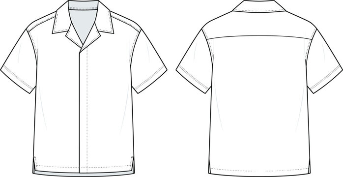 Technical fashion sketch of a short-sleeve button-down camp collar shirt with side vents, front and back view