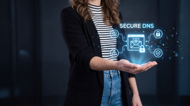 Businesswoman Holding Blue Secure DNS Hologram