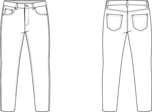 Technical fashion sketch of classic five-pocket denim jeans with front and back view for apparel design template