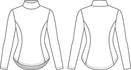 Technical flat sketch of a women’s long sleeve mock neck top with curved hem and princess seam detail © SONJOYKUMAR