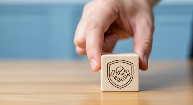 Hand holding wooden block with handshake security shield icon stock photograph