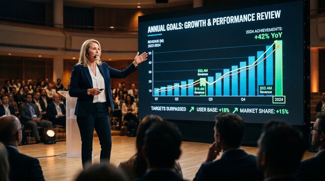 Businesswoman presenting annual growth and performance review with financial charts to an audience