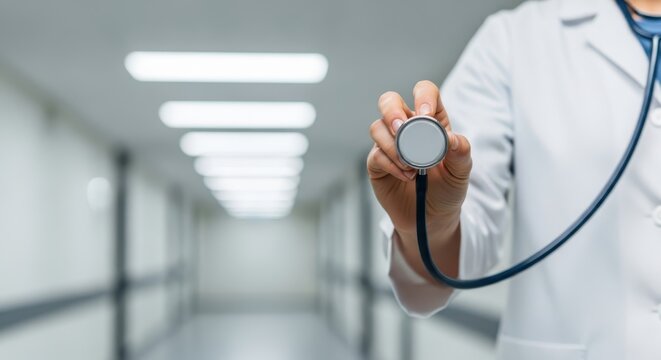 Doctor holding medical stethoscope in hospital hallway stock photograph