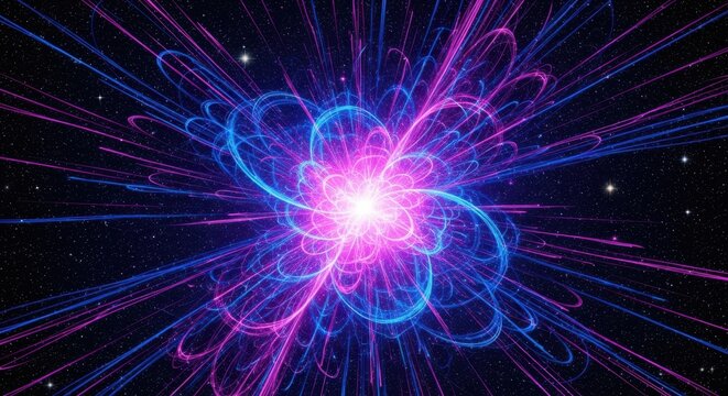 Abstract explosion of bright light with colorful particles stock photograph