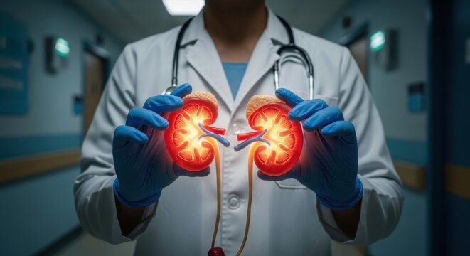 Medical professional holding glowing human kidneys model stock photograph