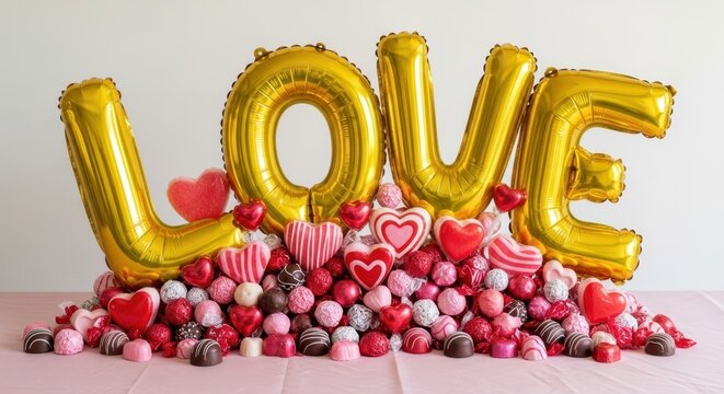 Gold balloon lettering love sign with scattered heart candies stock photograph