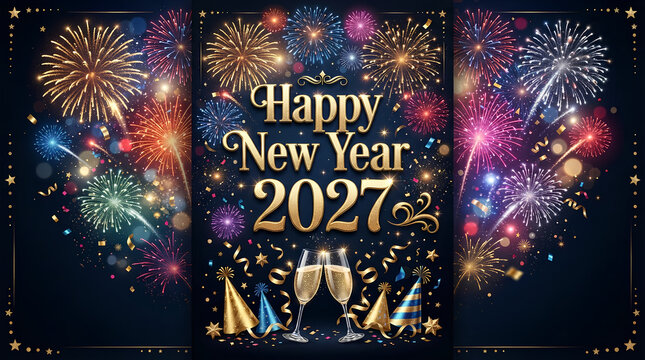 Happy new year 2027, celebration greeting card, new year card Gold text effect firework background