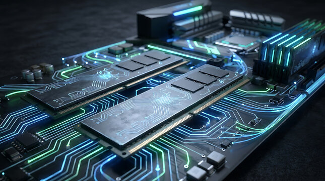 Modern memory chips seamlessly integrated into an illuminated digital circuit board, showcasing advanced data networks and computing technology evolution