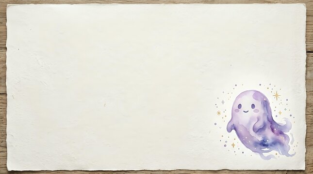Cute ghost character with purple watercolor splashes on cream textured background, isolated design element for greeting cards, invitations, and children's illustrations.