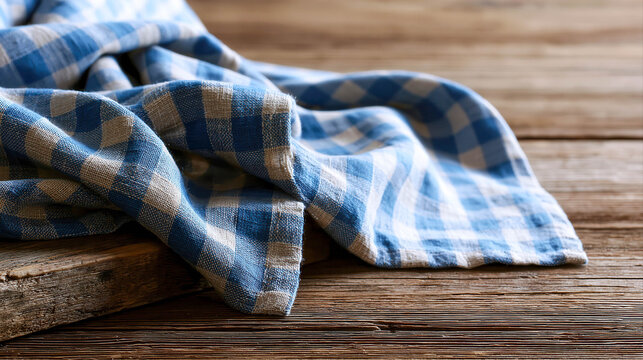Blue and white gingham tablecloth on rustic wooden table with vintage copy space