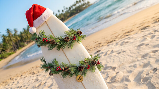 Christmas in July on a tropical beach, a surfboard decorated with a Santa hat and garland, embodying summer travel and festive spirit