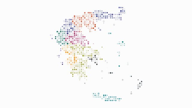 Greece map animation. Shape of the country with pulsating colored dots. Small size circle blocks. Digital style Greece map on white background. Awesome video.