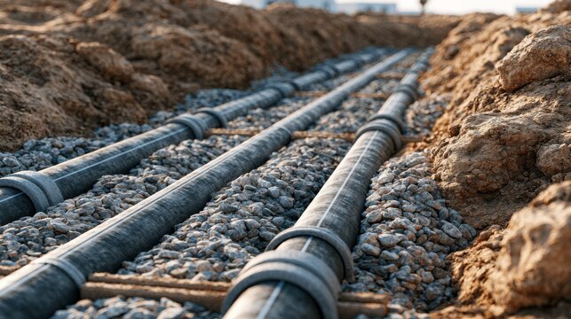 Close-up of conduit pipes in a trench with gravel bedding, showcasing precise utility installation. Ideal for engineering and construction themes.