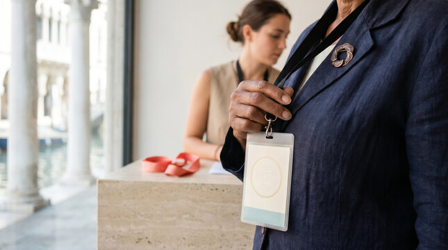 Woman holding film festival accreditation badge at registration desk  
